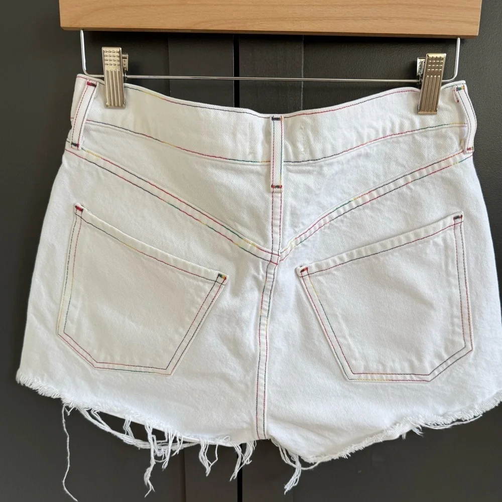 Agolde 27 Jaden Cut Off Short in White Space w/ rainbow stitch